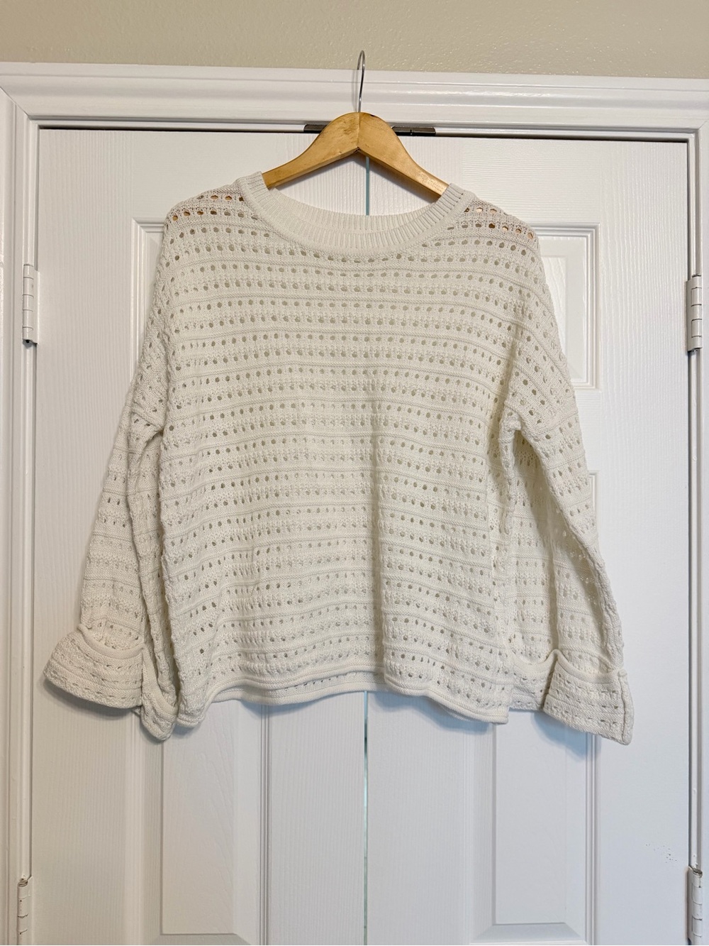 Women's Open-Knit Crewneck Sweater in Cream